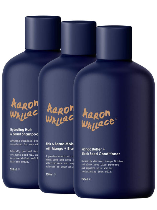 Aaron Wallace 3-Step Haircare System is the best beard growth kit for black hair men to help with beard growth. This beard growth product includes 1 Aaron Wallace Hair & Beard Moisturizer With Mango Butter + Blackseed Oil, 1 Aaron Wallace Hydrating Hair & Beard Shampoo, and 1 Aaron Wallace Mango Butter + Black Seed Conditioner. Should be followed up with a Aaron Wallace beard growth oil to seal and protect from beard split ends. All products can be used on both hair and beard. By Aaron Wallace 