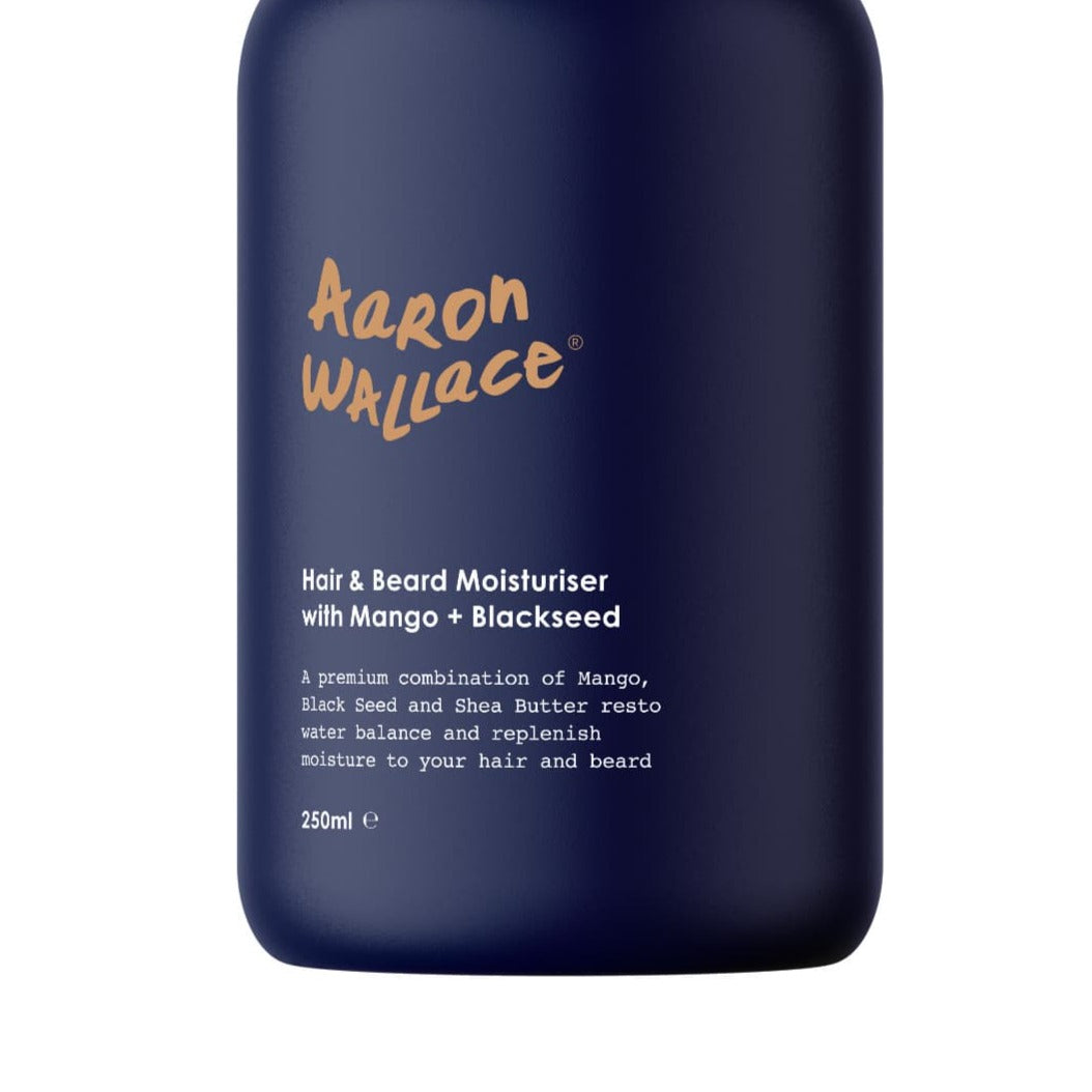 Aaron Wallace Hair & Beard Moisturizer With Mango Butter + Blackseed Oil is a beard conditioner for curly hair men to help with beard growth. Part of the Aaron Wallace 3-Step Haircare System beard growth kit and should be followed up with a Aaron wallace beard growth oil to seal and protect from beard split ends. by aaron wallace