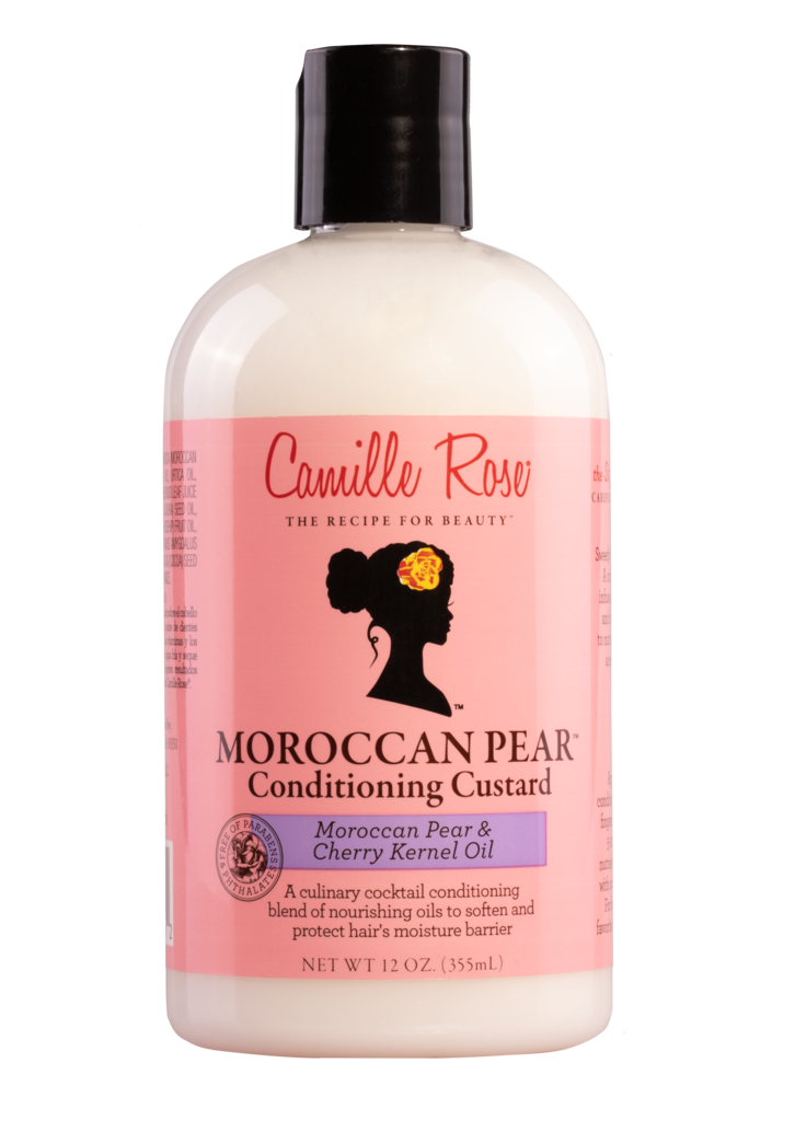 Camille Rose Moroccan Pear Conditioning Custard Treatment are black hair products for natural hair care. This all natural conditioner is a treatment for dry curly hair and uses Moroccan Pear for hair growth, and other nourishing oils to hydrate natural hair. Deep conditioning treatment for women, children, and men with curly hair. Purchase at the wh shop
