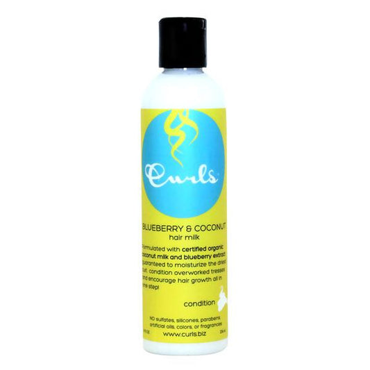curls Blueberry & Coconut Hair Milk is a all natural leave in conditioner for curly hair formulated with certified organic coconut milk and blueberry extract guaranteed to moisturize the dry curly hair, condition overworked tresses and encourage hair growth all in one step!  NO sulfates, silicones, parabens, artificial oils, or fragrances. Best for curly, very curly, and kinky textures.  Black hair products for natural hair